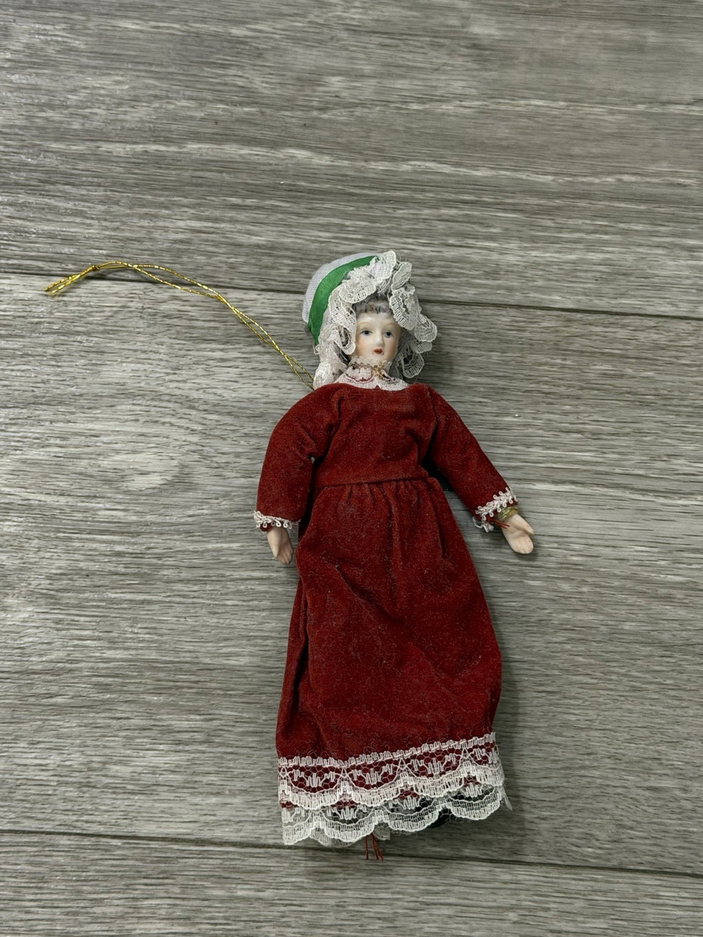 VTG Victorian Style Porcelain Woman Doll Red Velvet Dress/Holly Bonnet Ornament