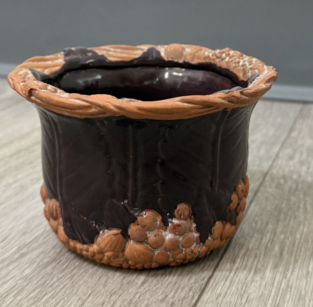 Claire Burke Art Pottery Red Clay Dish Bowl Hand Painted Fruit Grape Design 