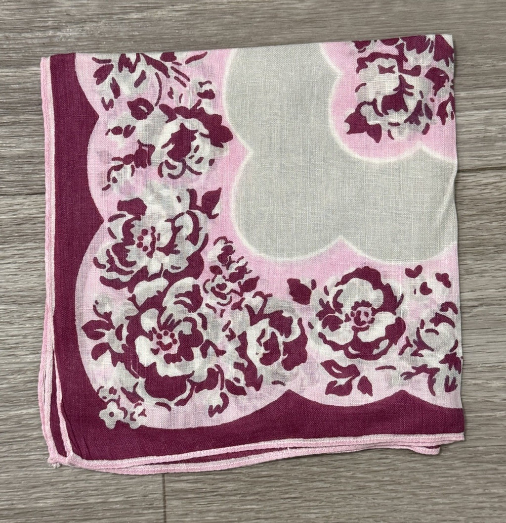 Beautiful Pink, Maroon & White Vtg. Wedding Handkerchief With Floral Roses 11”