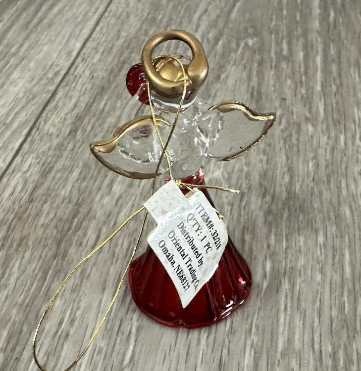 Blown Glass Angel Ornament With Red Heart & Gold Trimmed Wings 2.5"