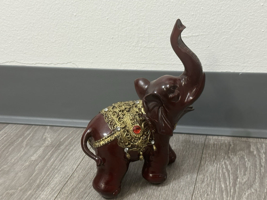 Ornate Decorative Elephant Figurine Red Resin with Gold Accents - Missing 1 Gem