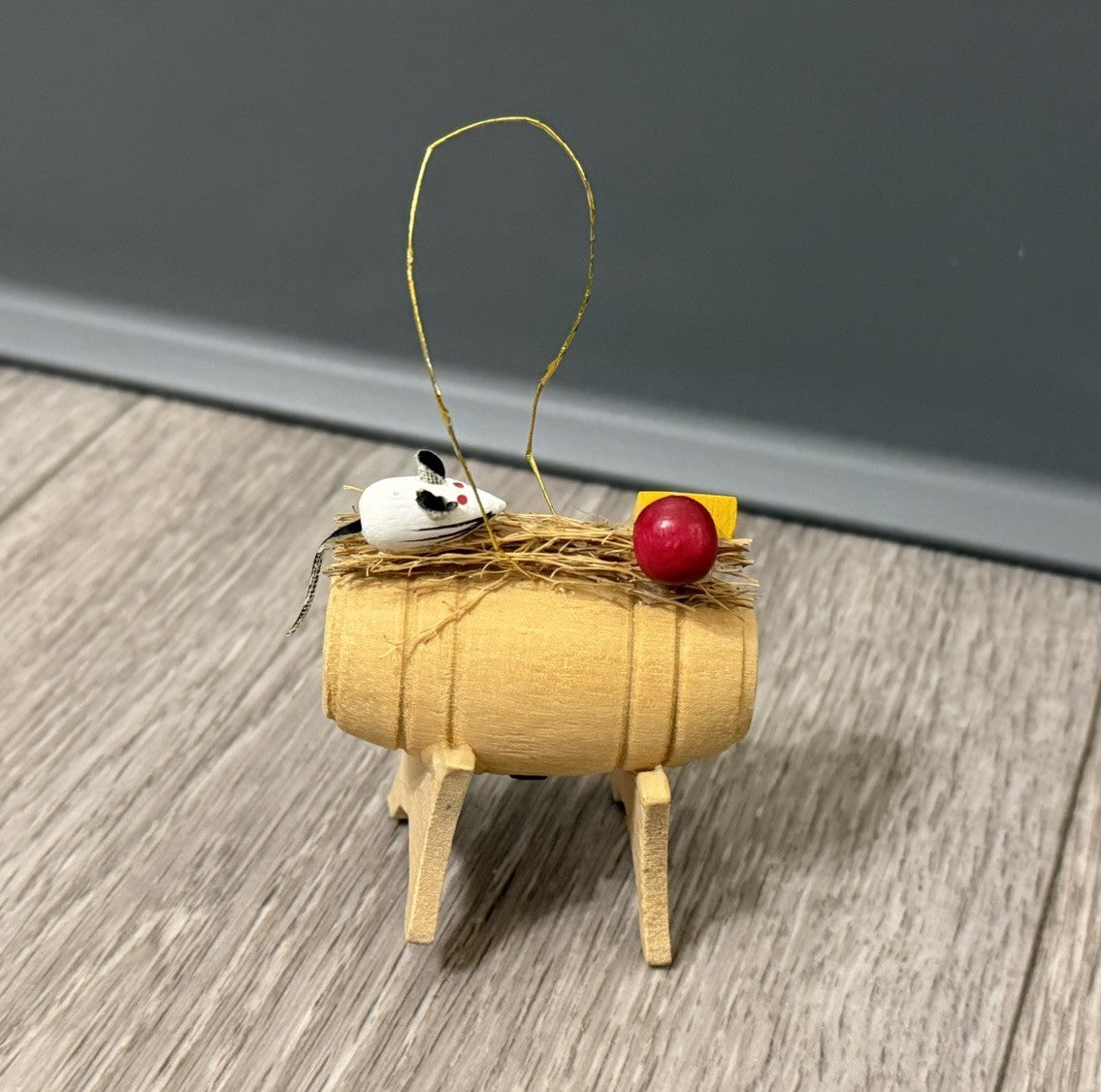 Vintage Wood Barrel Christmas Ornament With Mouse Cheese And Apple