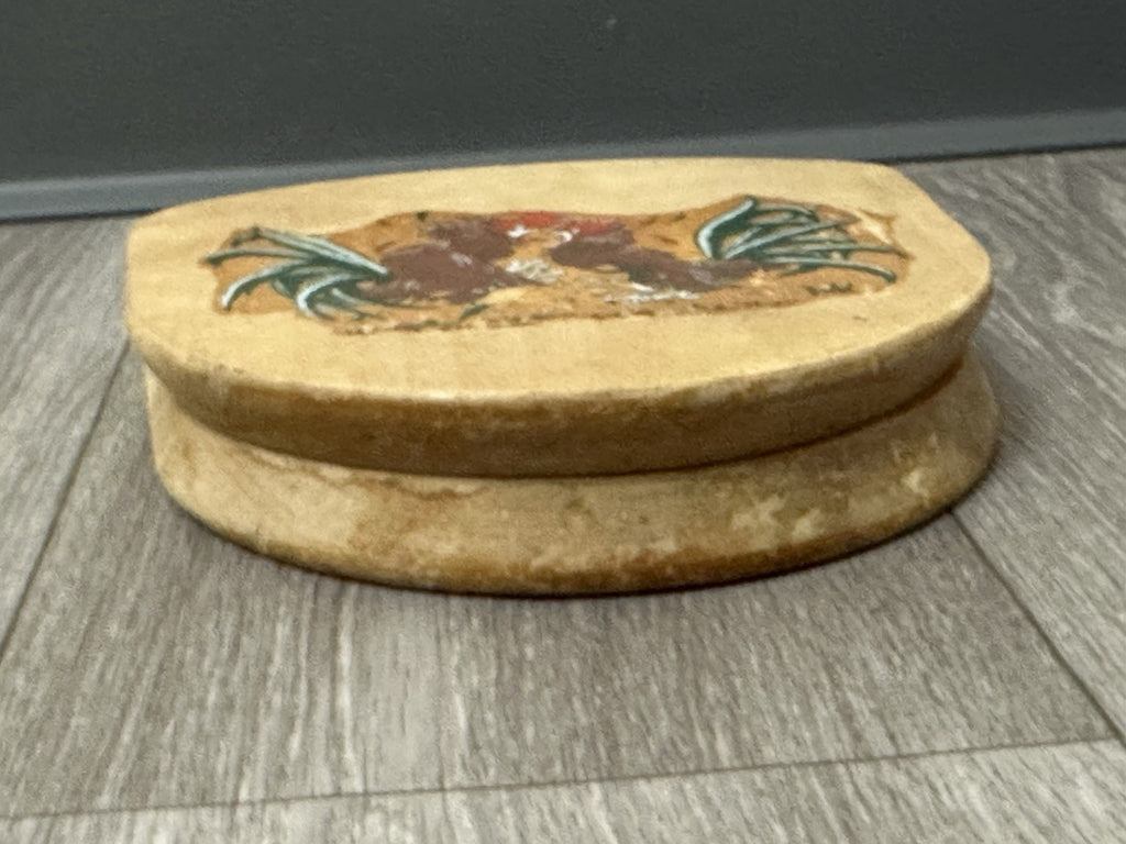 Vintage Wooden Hamburger Press Hand-Painted Folk Art Fighting Roosters Chicken 