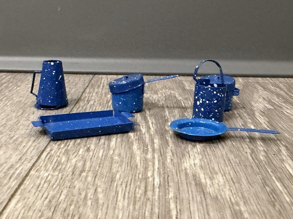 Vtg Mini Mismatched Dollhouse Blue Speckled Enamelware Pots Pans Lids Tray 8 Pcs