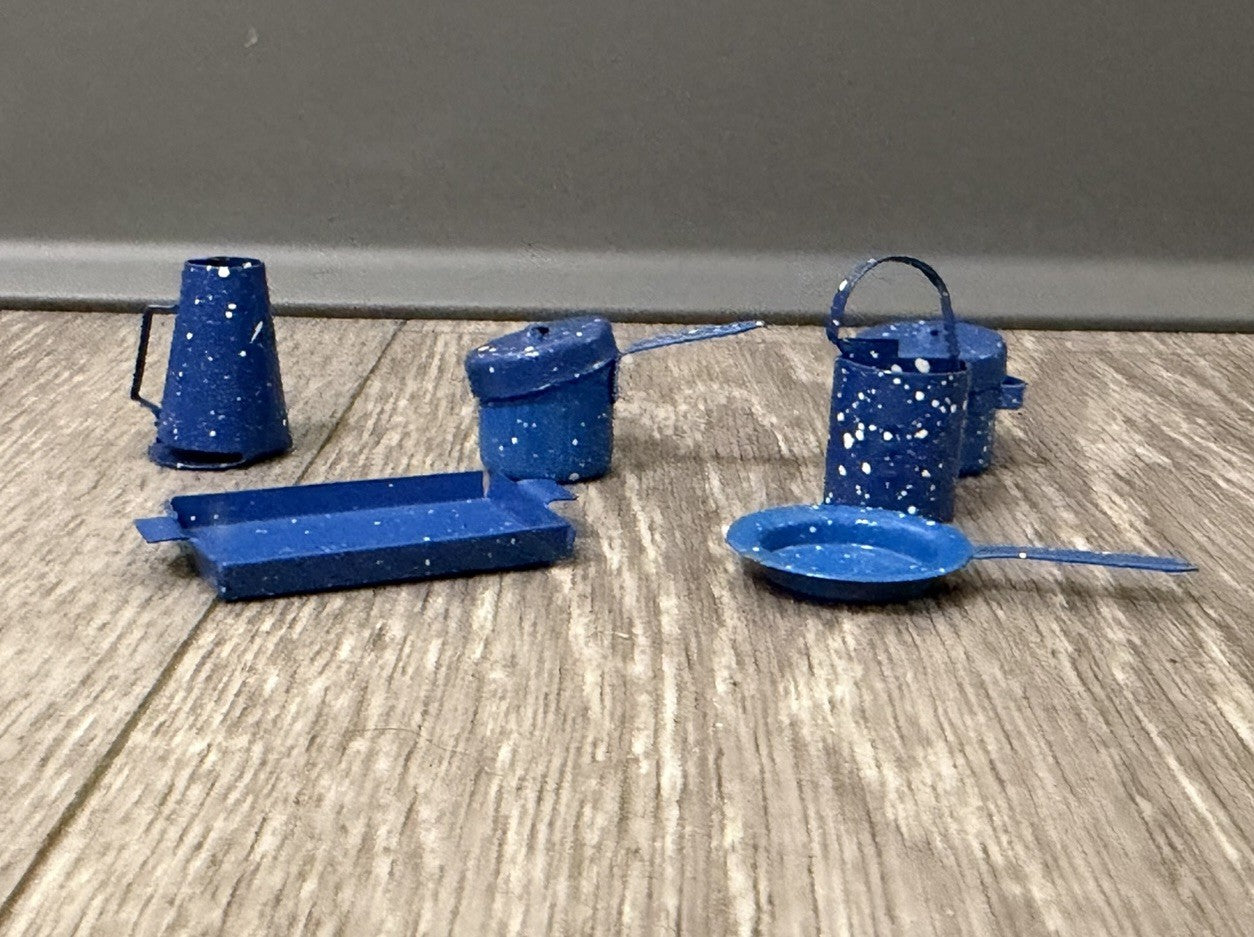 Vtg Mini Mismatched Dollhouse Blue Speckled Enamelware Pots Pans Lids Tray 8 Pcs