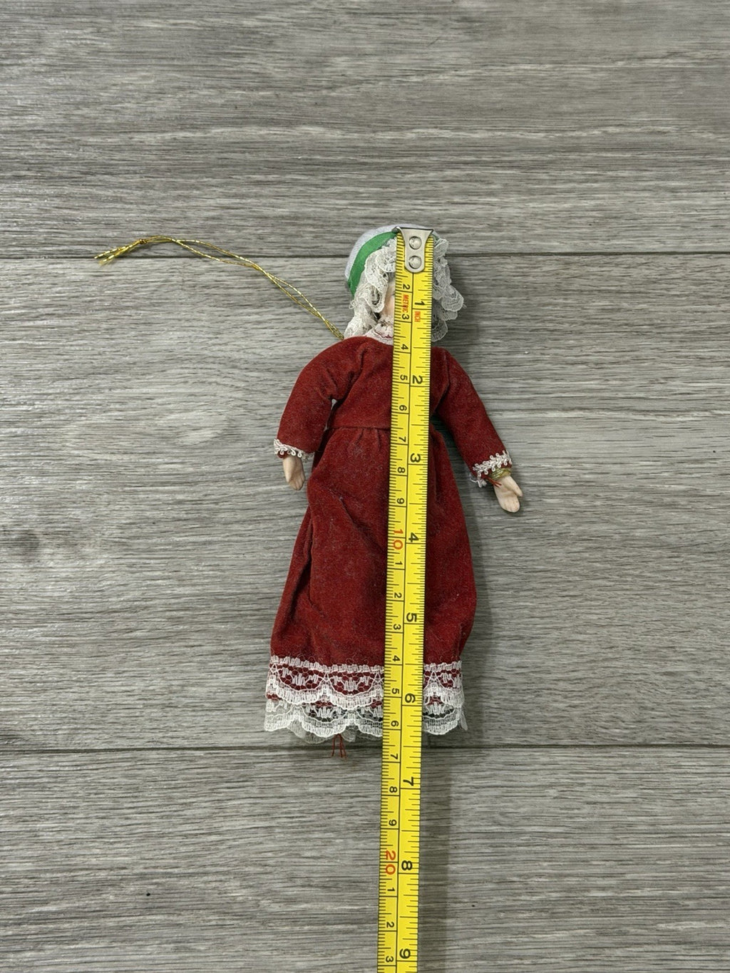 VTG Victorian Style Porcelain Woman Doll Red Velvet Dress/Holly Bonnet Ornament