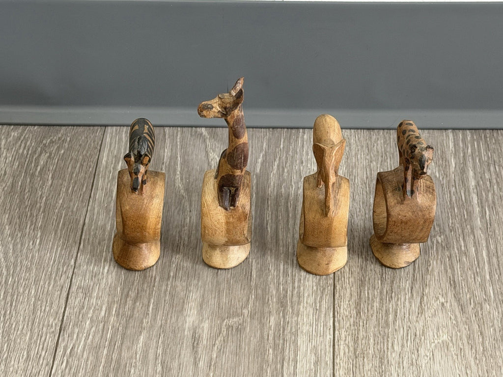 Vintage set of 4 Hand Carved Wooden African Safari Animal Napkin Ring Holders