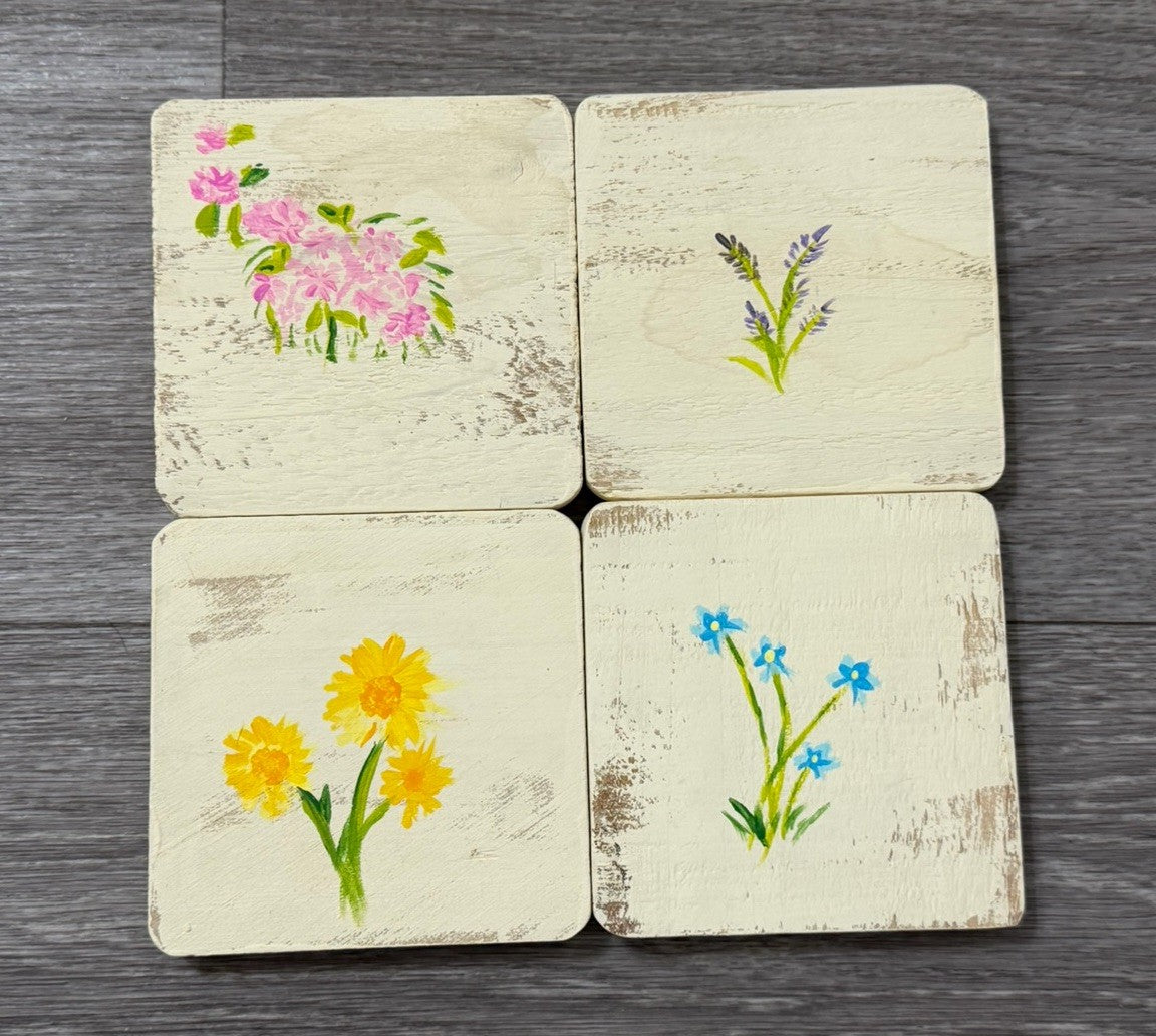 Handmade Spring Flowers Wooden Coasters Set of 4 Limited Edition Cottagecore