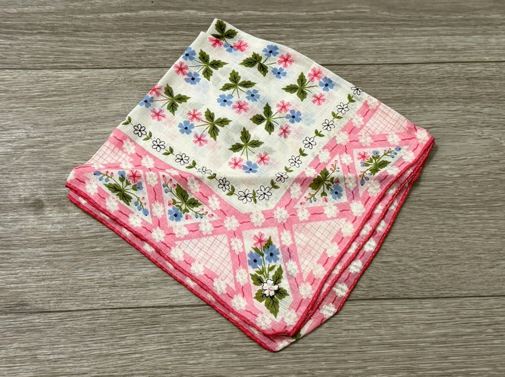 Vintage Beautiful Tiny Flowers Boho Wedding Handkerchief Pink, Blue & White