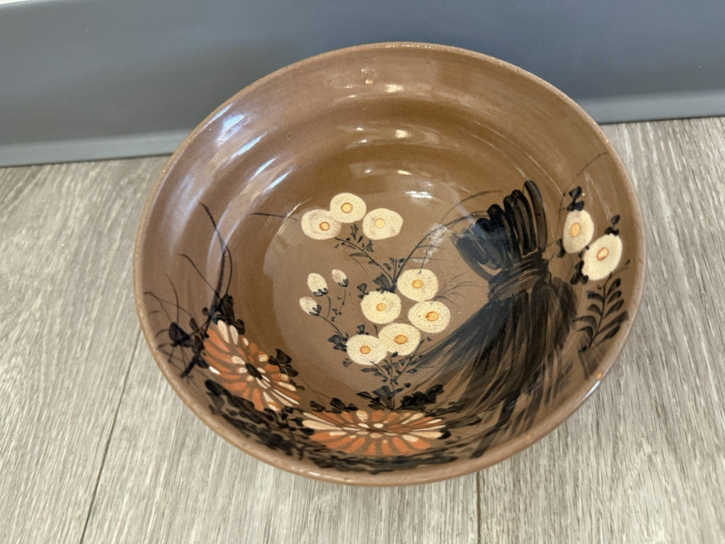 Vintage Japanese Retro Floral Bowl Ceramic Serving Bowl Brown READ