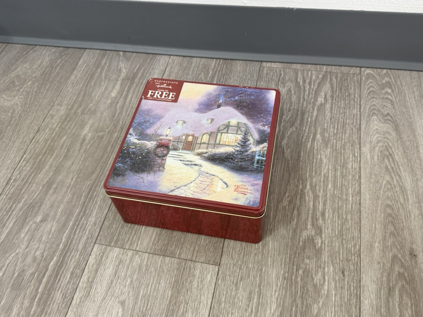 Hallmark/Kroger Thomas Kinkade Maroon/Gold Scenic Square Metal Tin, 7.5x7.5”