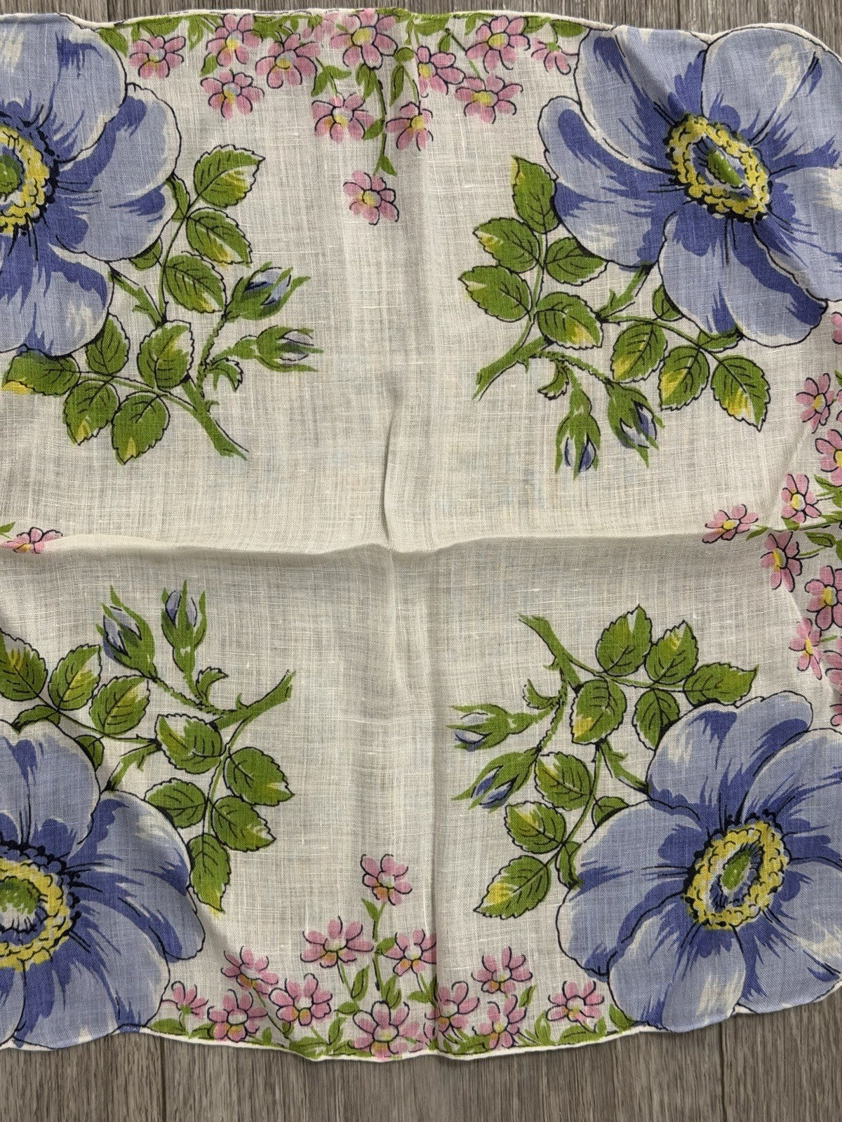 Vintage Blue Flowers W/ Little Pink Flowers Floral Wedding Handkerchief 12” Sq.