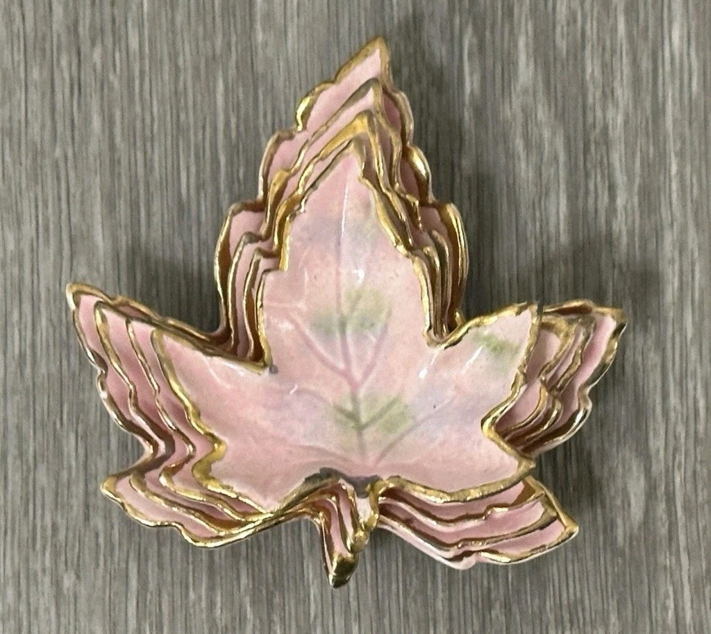 Vintage Ceramic set of 4 Nesting Maple Leaf Dishes 4 inches Pink And Gold