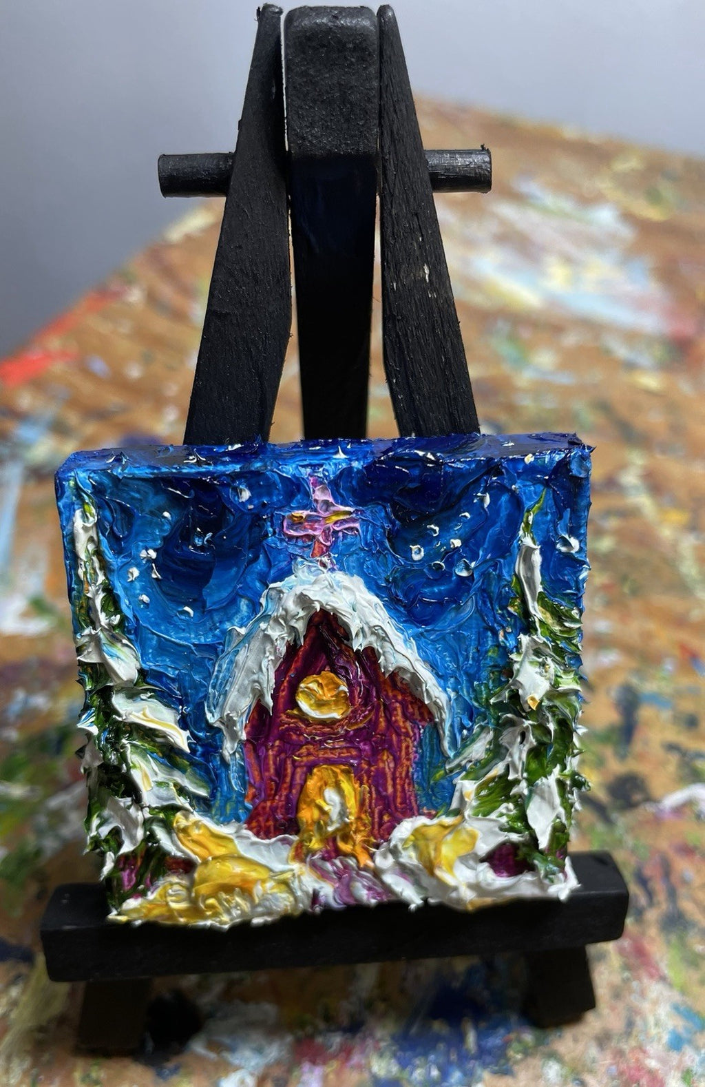 ‘Church In The wild Woods’ New mini oil painting original By Paris Llanso 2x2”