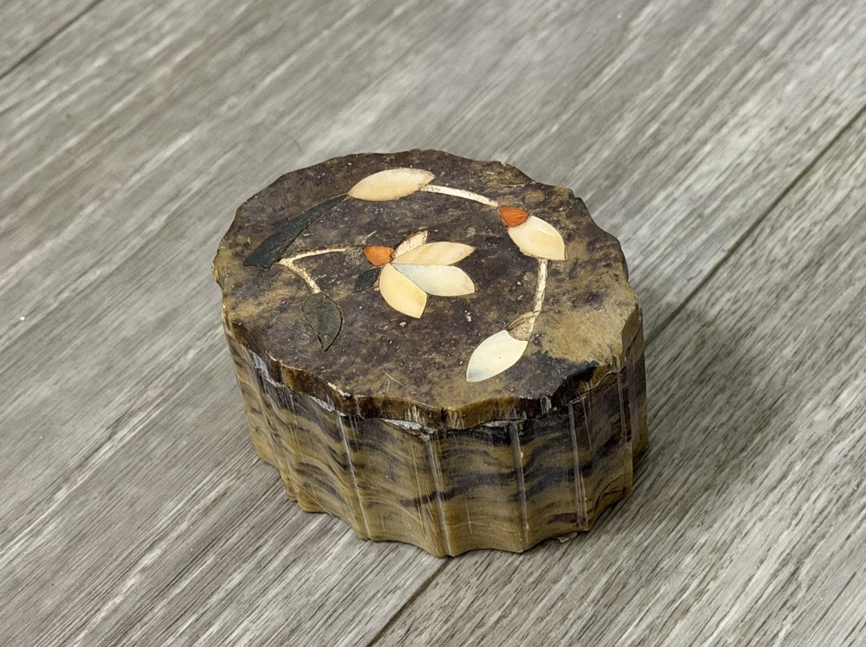 Vintage Stone Trinket Box Abalone Inlay Made In India 3” X 2.25” X 1.5” Tall