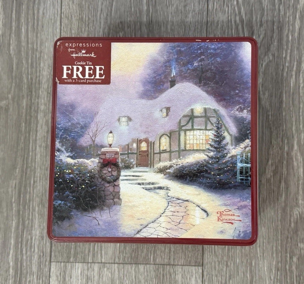 Hallmark/Kroger Thomas Kinkade Maroon/Gold Scenic Square Metal Tin, 7.5x7.5”