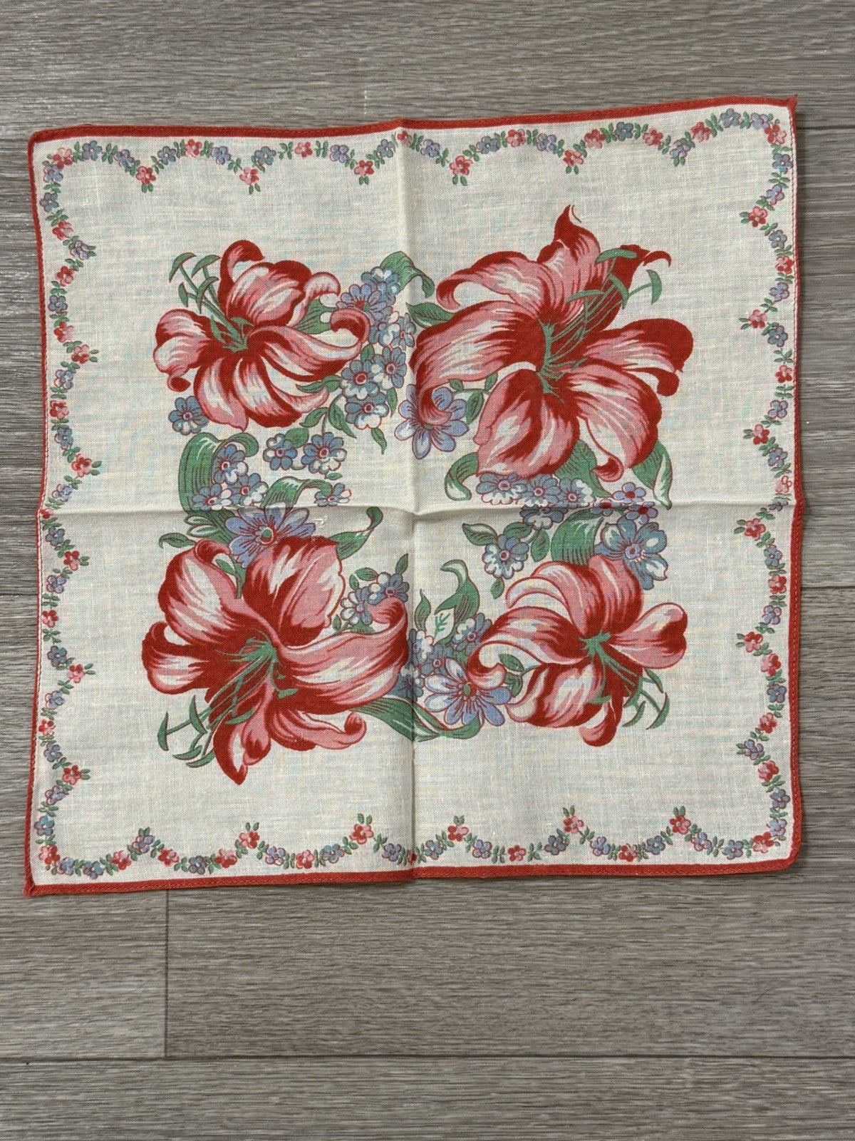 Vintage Red Lily Floral & Blue Forget-Me-Nots Handkerchief Hanky Flowers 10.75"