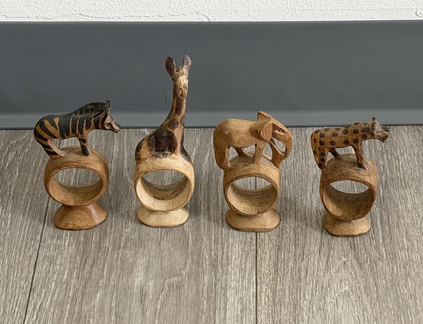 Vintage set of 4 Hand Carved Wooden African Safari Animal Napkin Ring Holders