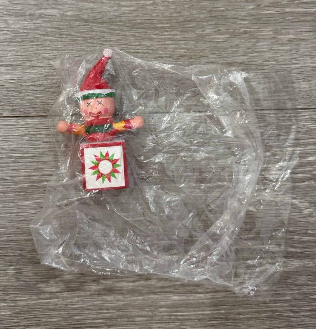 Vintage Wooden Jack In The Box Clown  Red Green Christmas Ornament ~ Taiwan