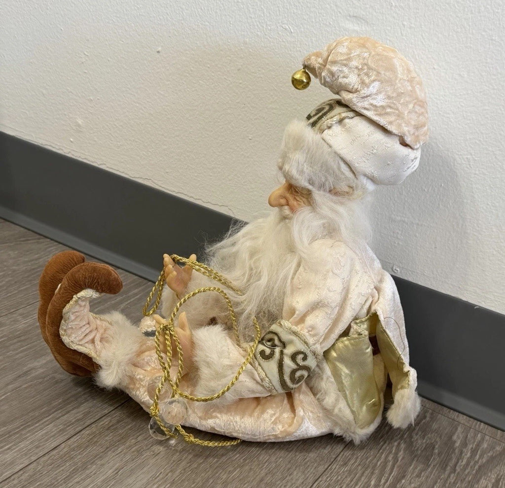 Gold & White Shelf / Mantle Sitter Santa Christmas Elf Glass Eyes Whimsical 22”