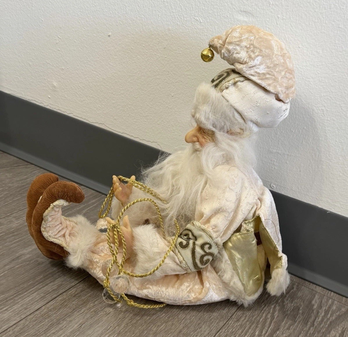 Gold & White Shelf / Mantle Sitter Santa Christmas Elf Glass Eyes Whimsical 22”