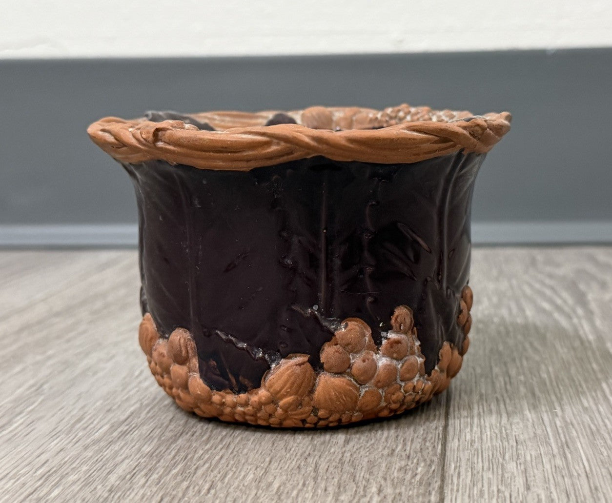 Claire Burke Art Pottery Red Clay Dish Bowl Hand Painted Fruit Grape Design 