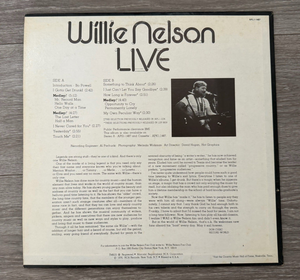 Wiilie Nelson Live I Gotta get Drunk 1976 RCA Stereo APL1-1487 -Inner Sleeve