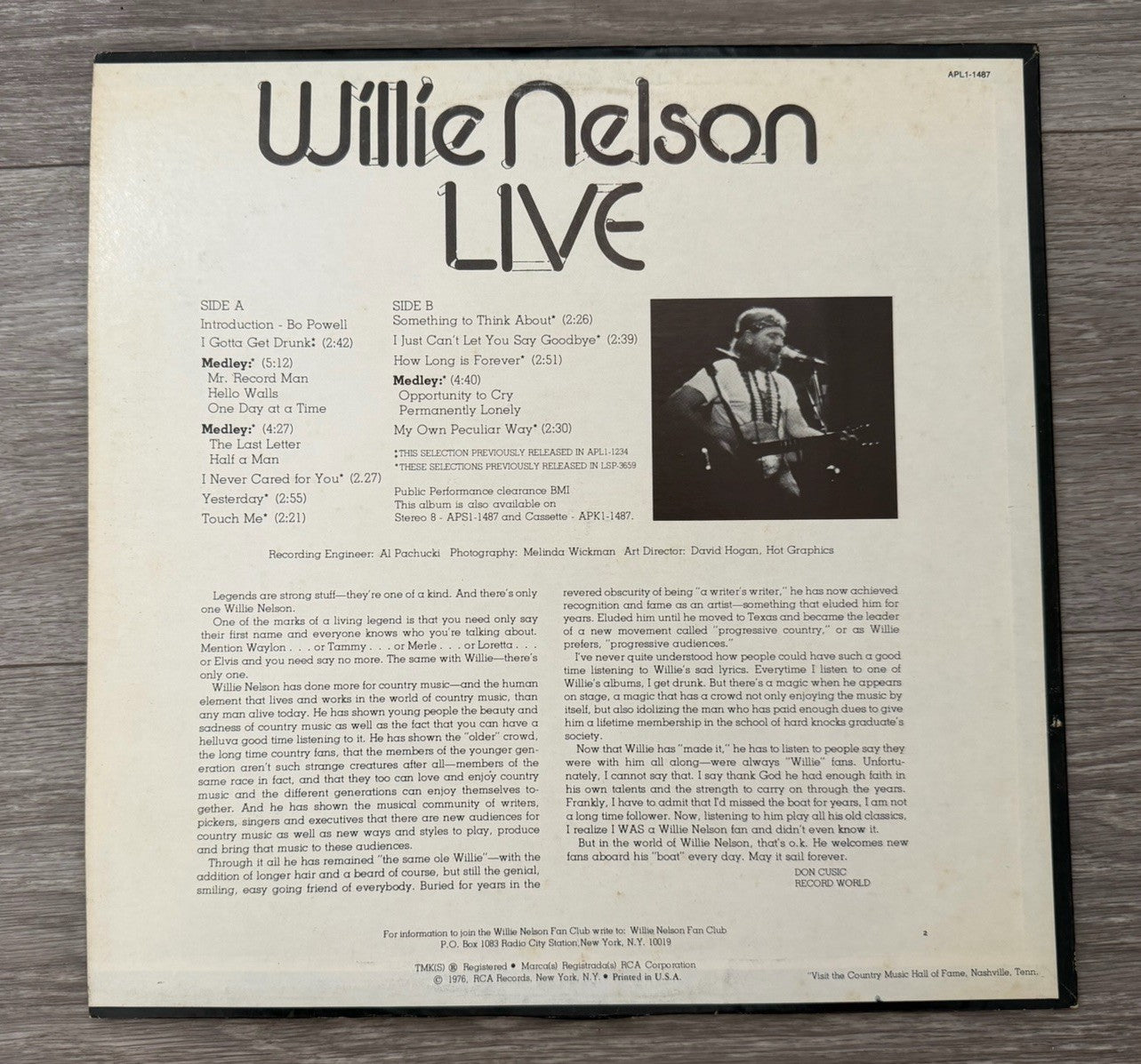 Wiilie Nelson Live I Gotta get Drunk 1976 RCA Stereo APL1-1487 -Inner Sleeve