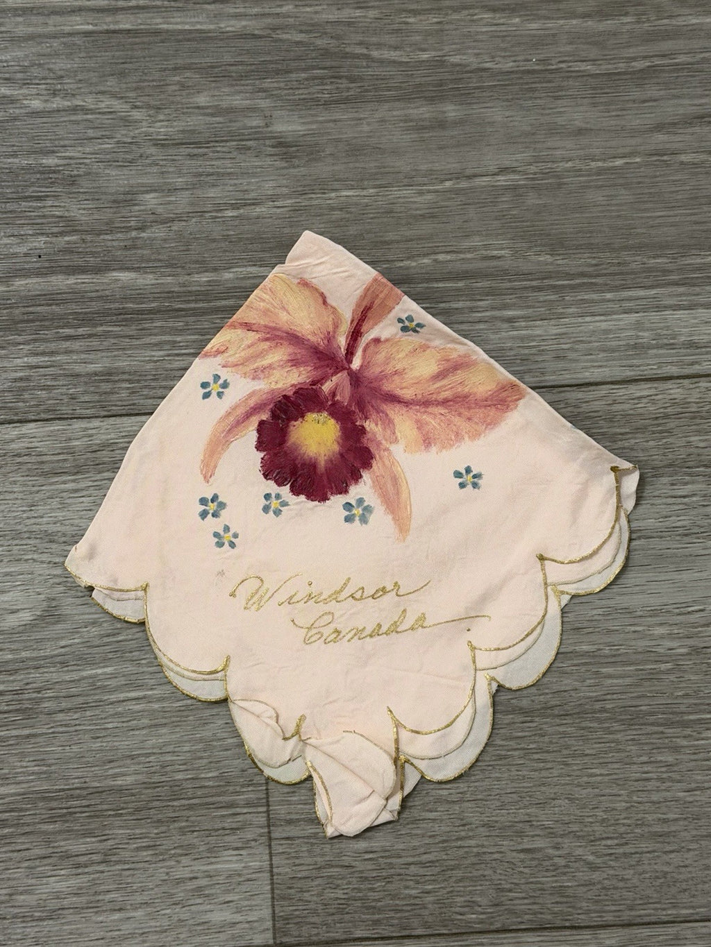Vintage Windsor Canada Hankerchief Souvenir Hand Painted Pink Floral Hankie