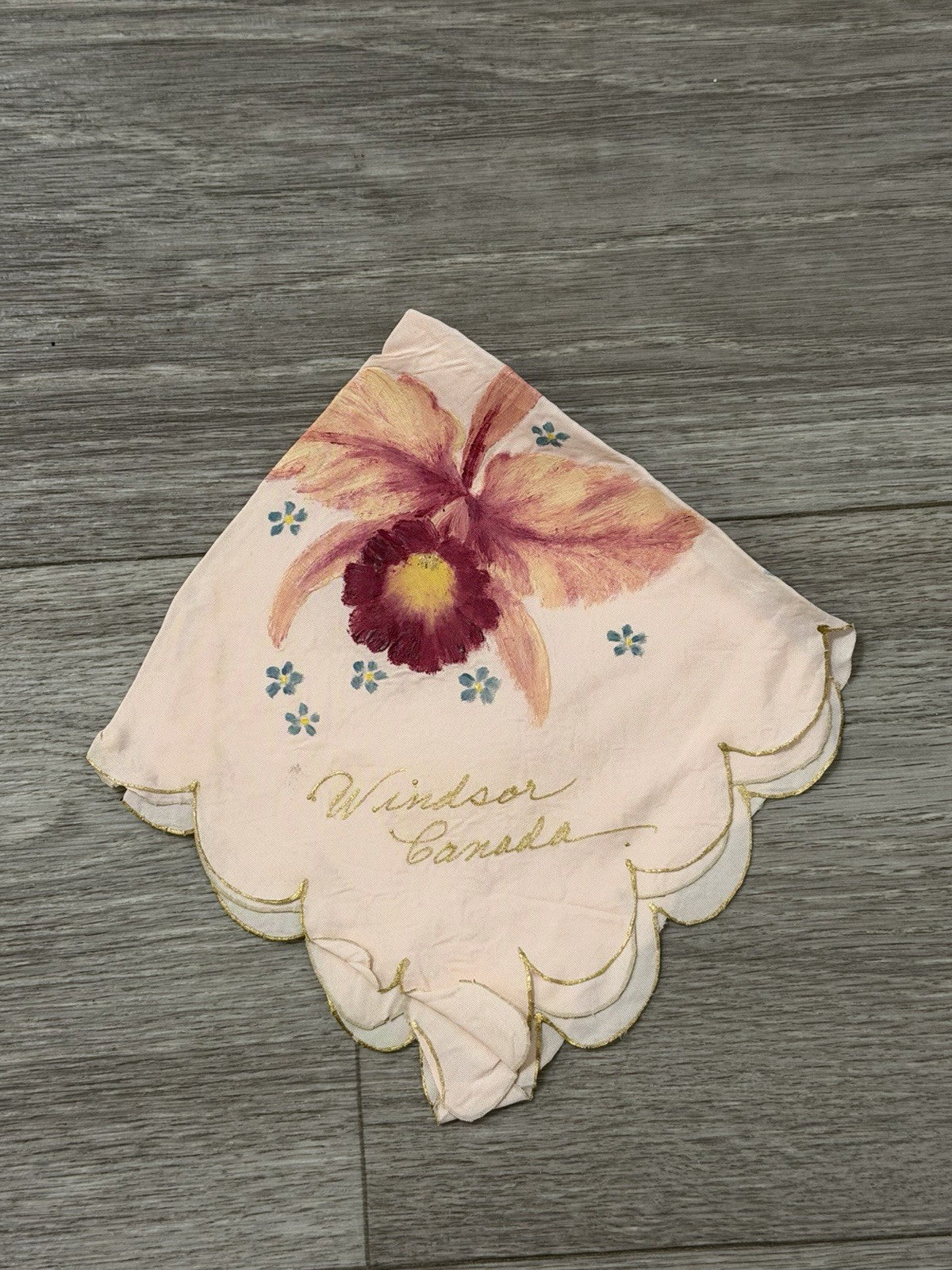 Vintage Windsor Canada Hankerchief Souvenir Hand Painted Pink Floral Hankie