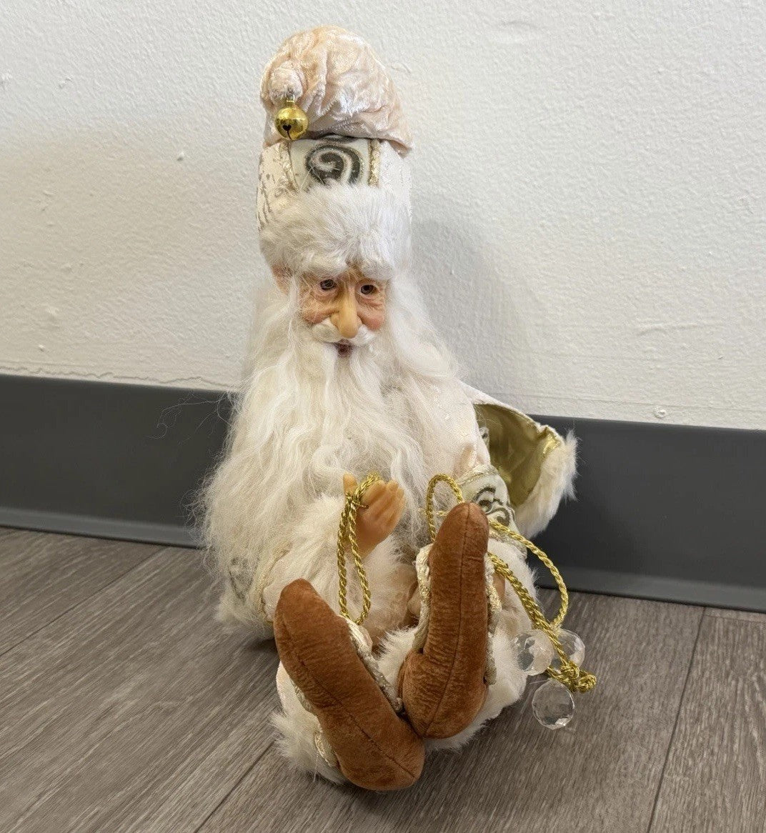 Gold & White Shelf / Mantle Sitter Santa Christmas Elf Glass Eyes Whimsical 22”