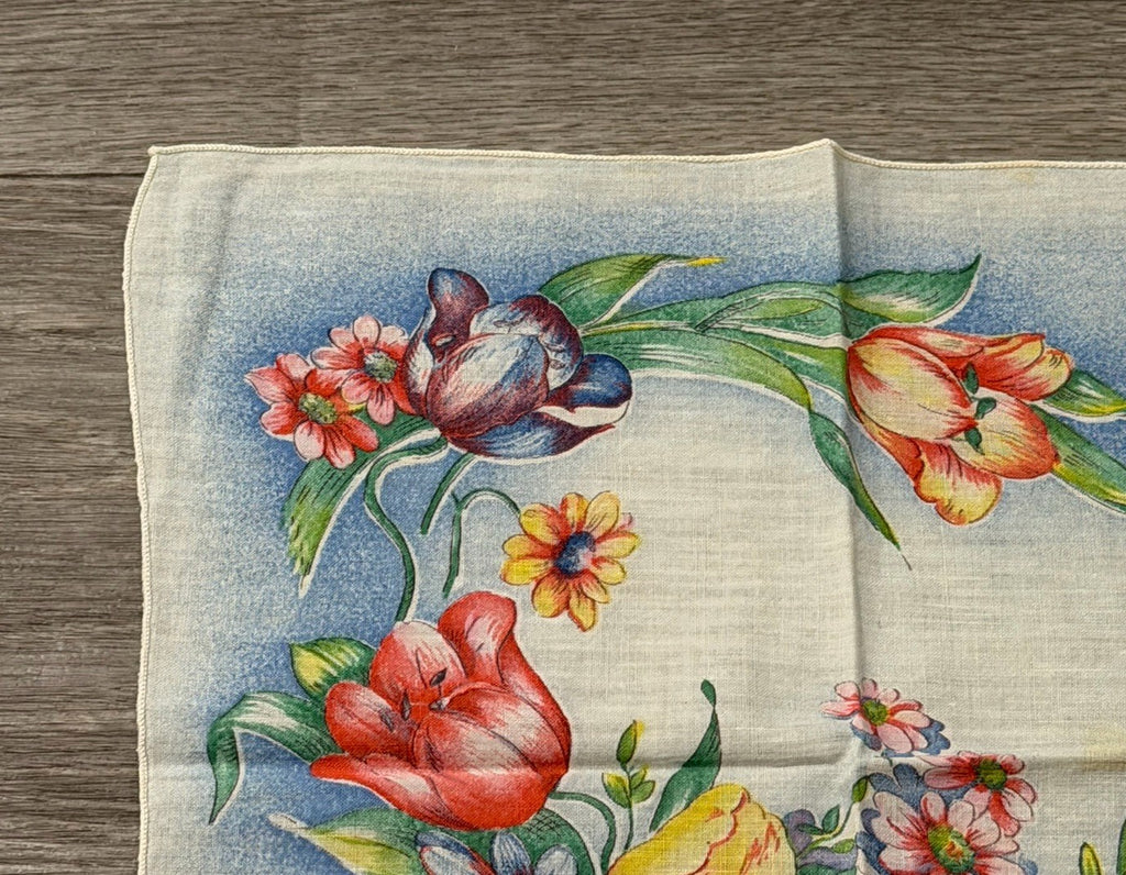 Vintage Beautiful Flowers Spring Easter Handkerchief 10.5” Square