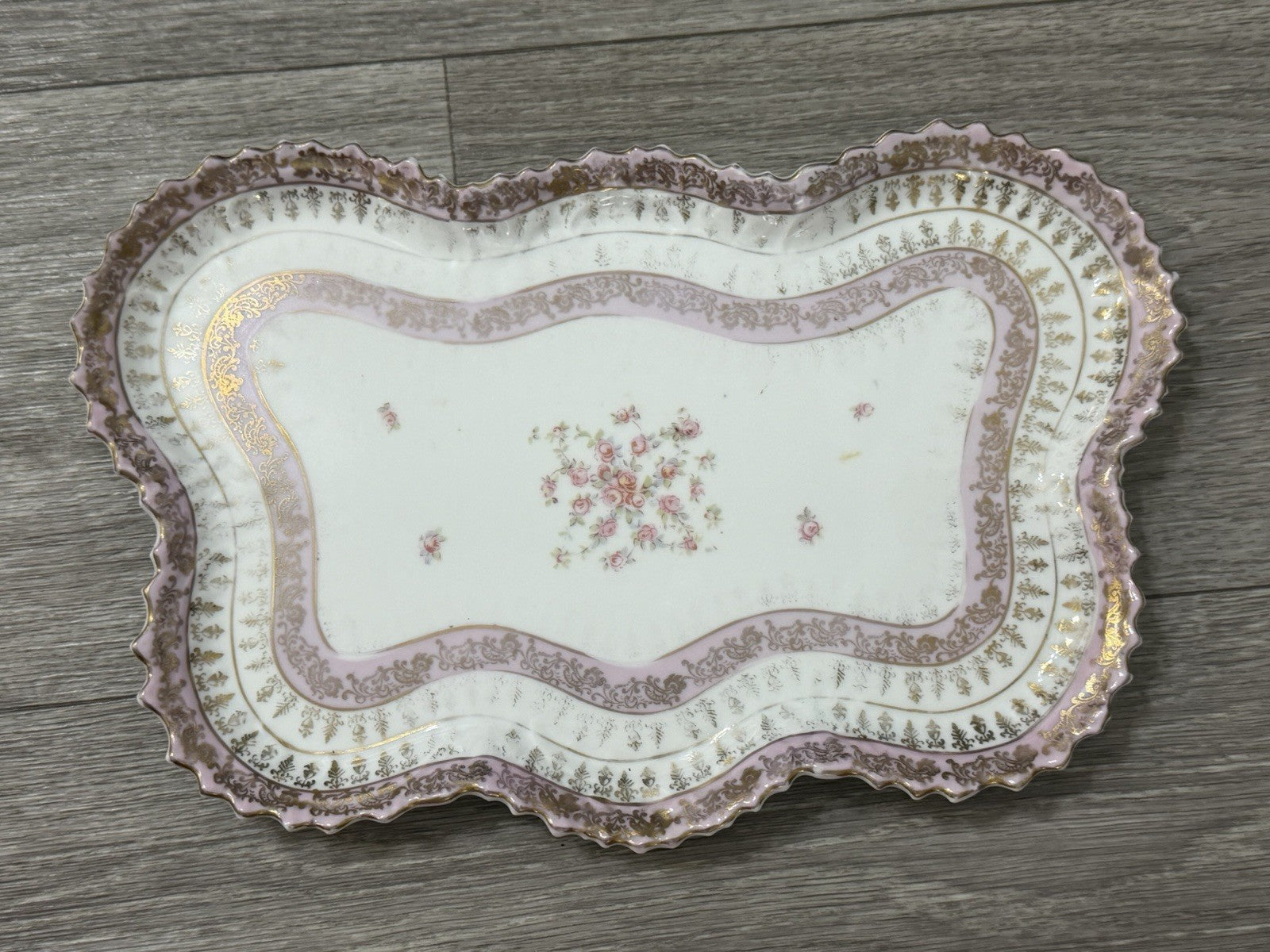 Victoria Carlsbad Austria Dresser Vanity Tray Floral Butterfly Shape Pinks