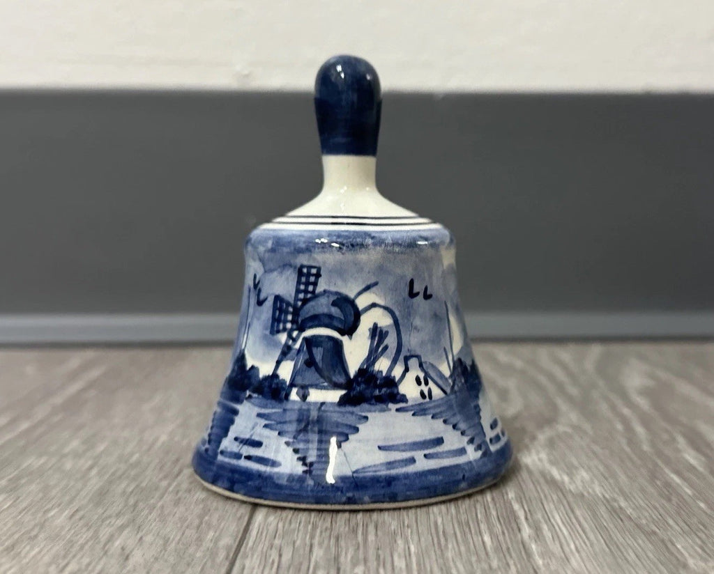 Vintage DELFTt Holland Blue and White Hand-Painted Windmill Leaf Bell 3”