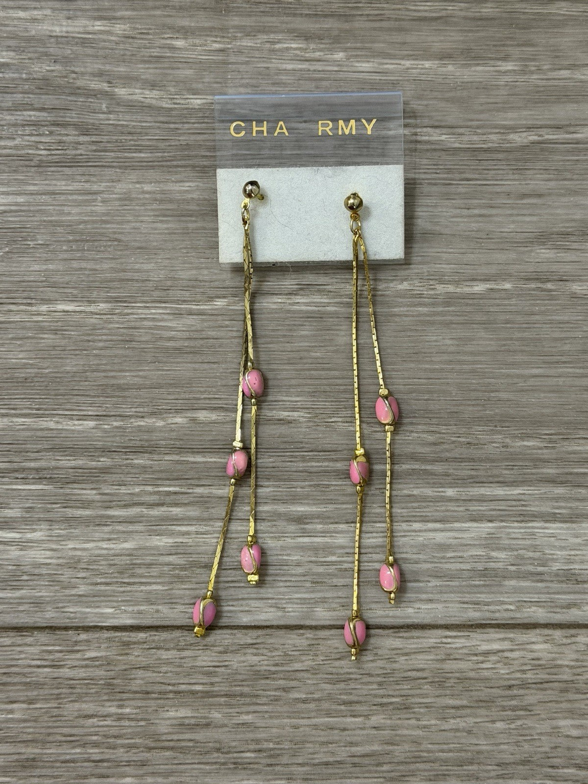 Beaded Drop Dangle Earrings Pink Gold Tone Metal Accent Chains Vintage Fashion