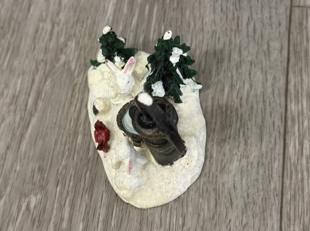 VTG Christmas Village Figurine Water Pump Bunnies Cardinal Bird Resin Snow