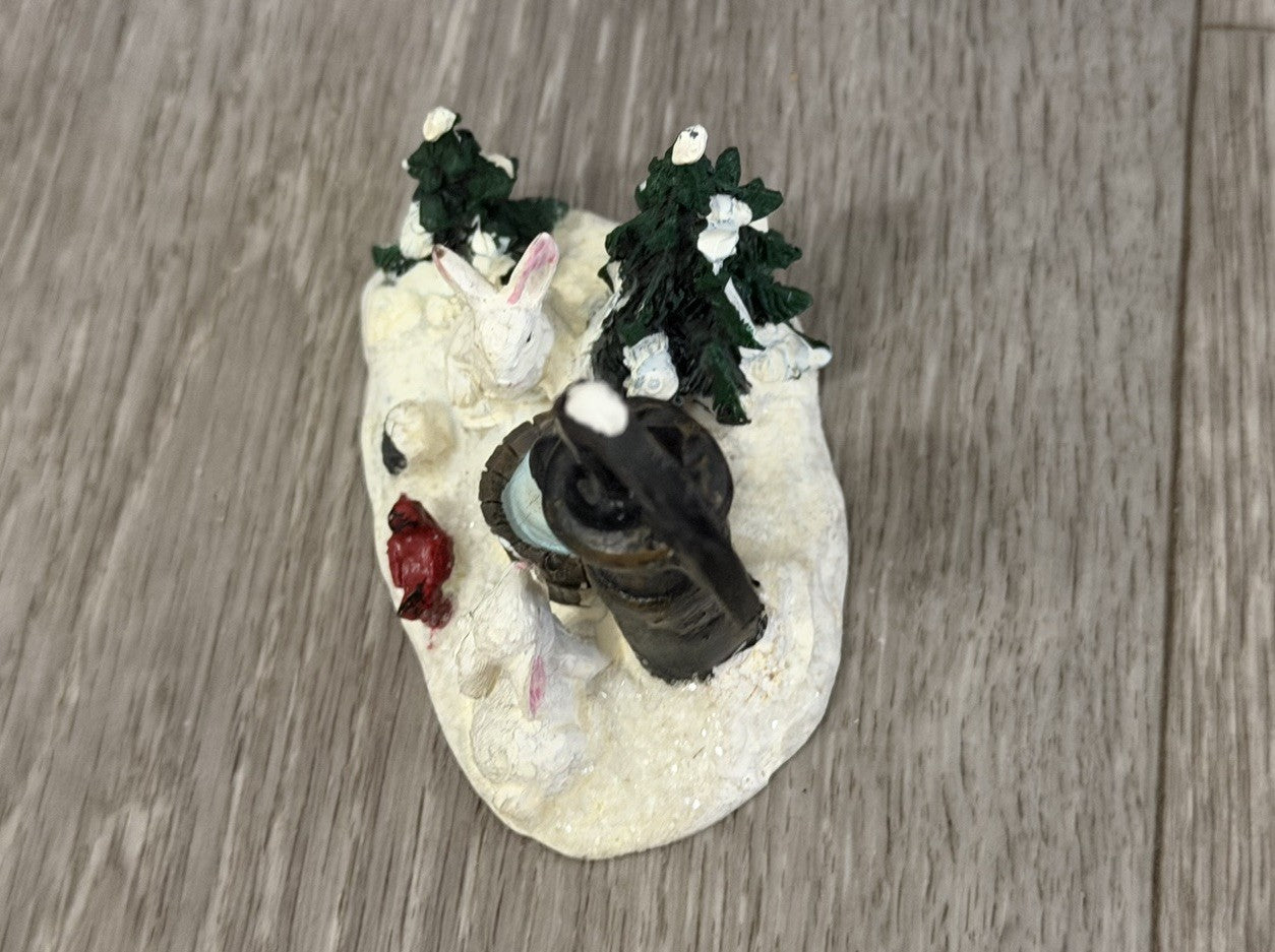 VTG Christmas Village Figurine Water Pump Bunnies Cardinal Bird Resin Snow