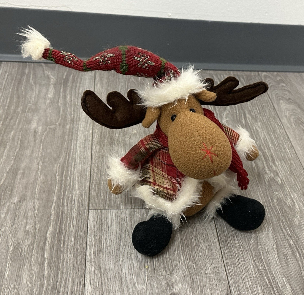 Vintage Reindeer Plush Toy with Red Scarf - Cute Stuffed Christmas Animal