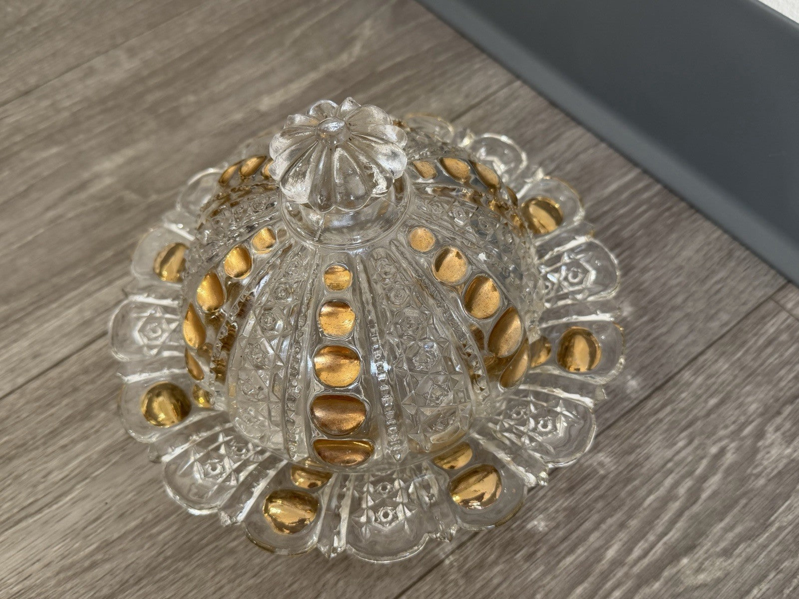 Vintage Good Drops Butter Dish w/ Domed Lid - Gold/Pressed Glass Has Chips