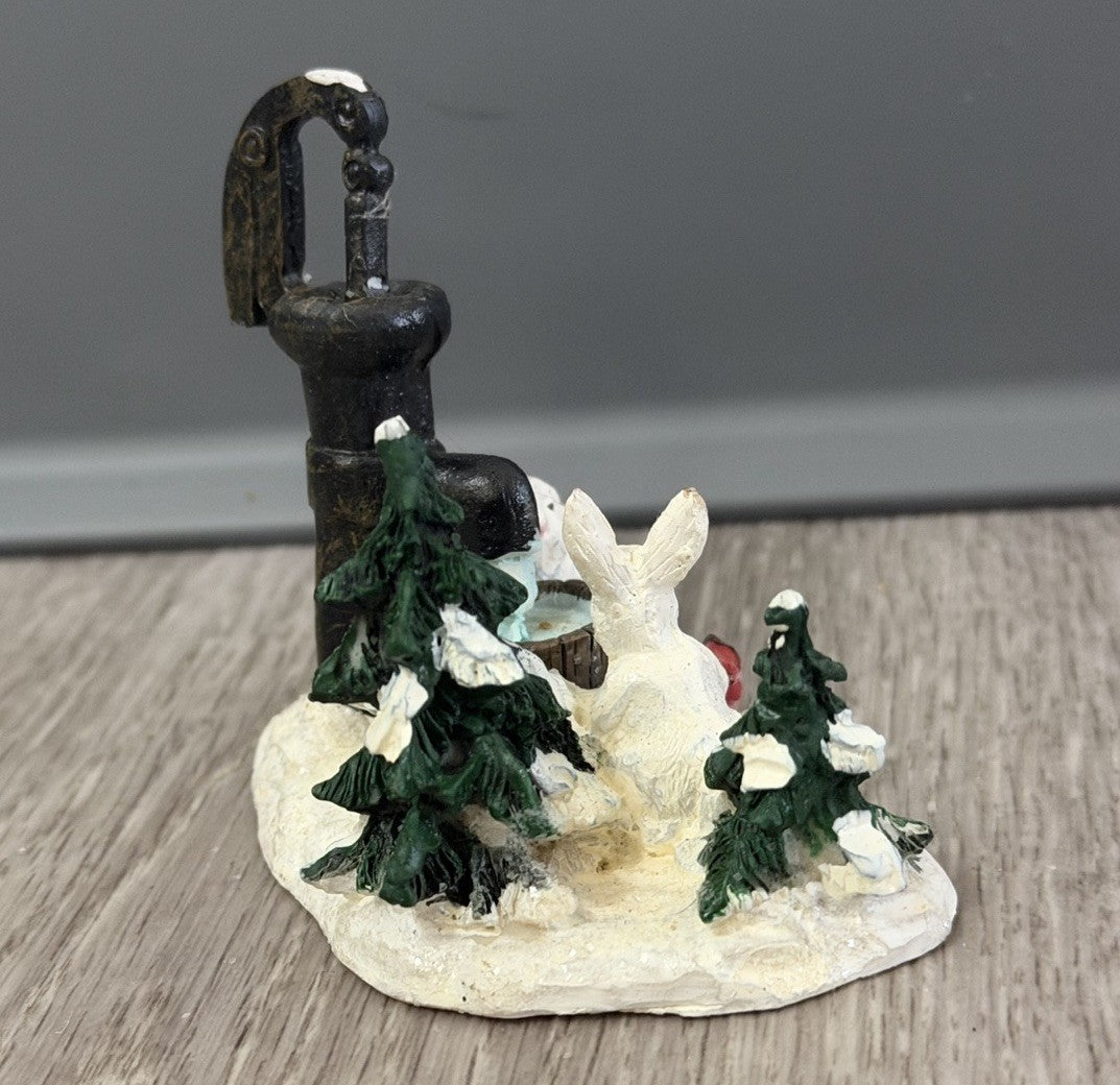 VTG Christmas Village Figurine Water Pump Bunnies Cardinal Bird Resin Snow