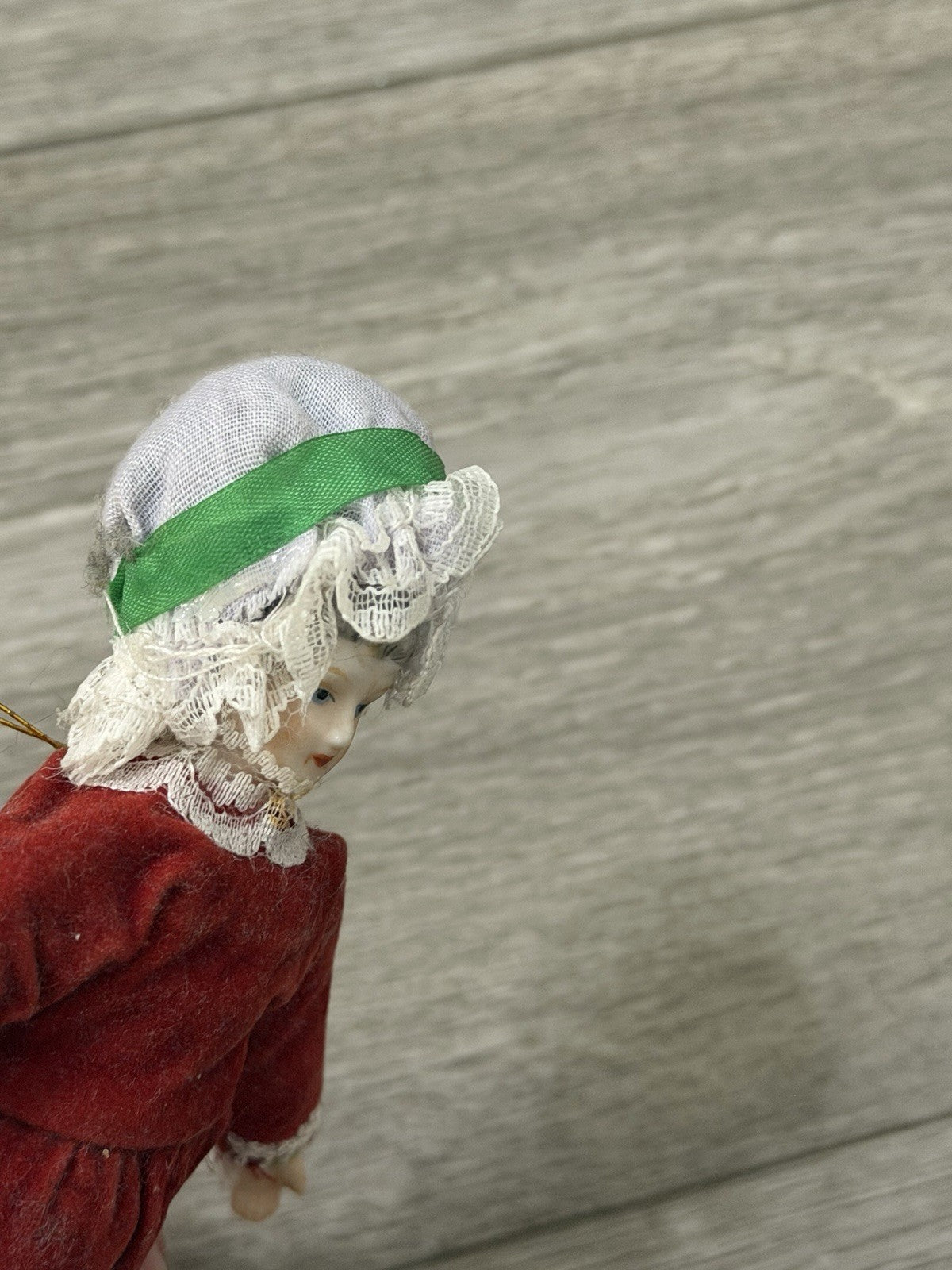 VTG Victorian Style Porcelain Woman Doll Red Velvet Dress/Holly Bonnet Ornament
