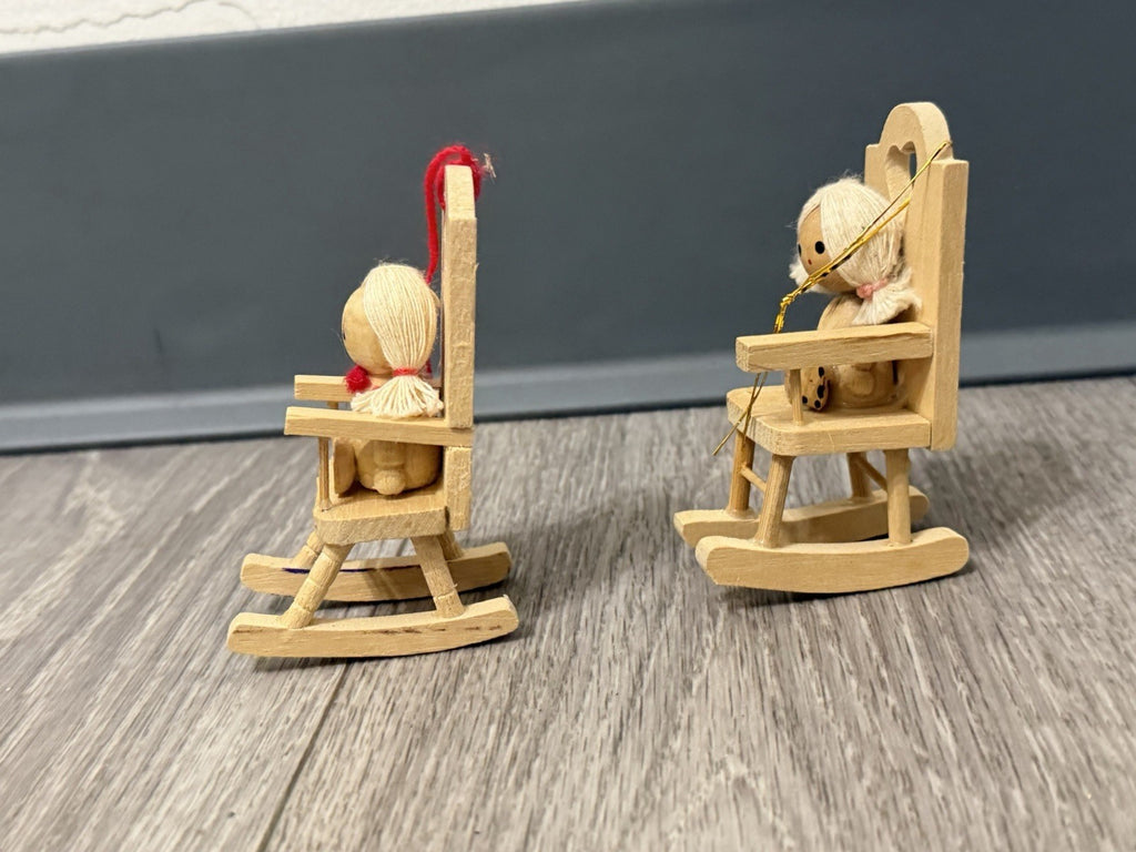 Vintage Set Of 2 Wooden Dolls Yarn Hair Girl Rocking Chair Ornaments One Broken