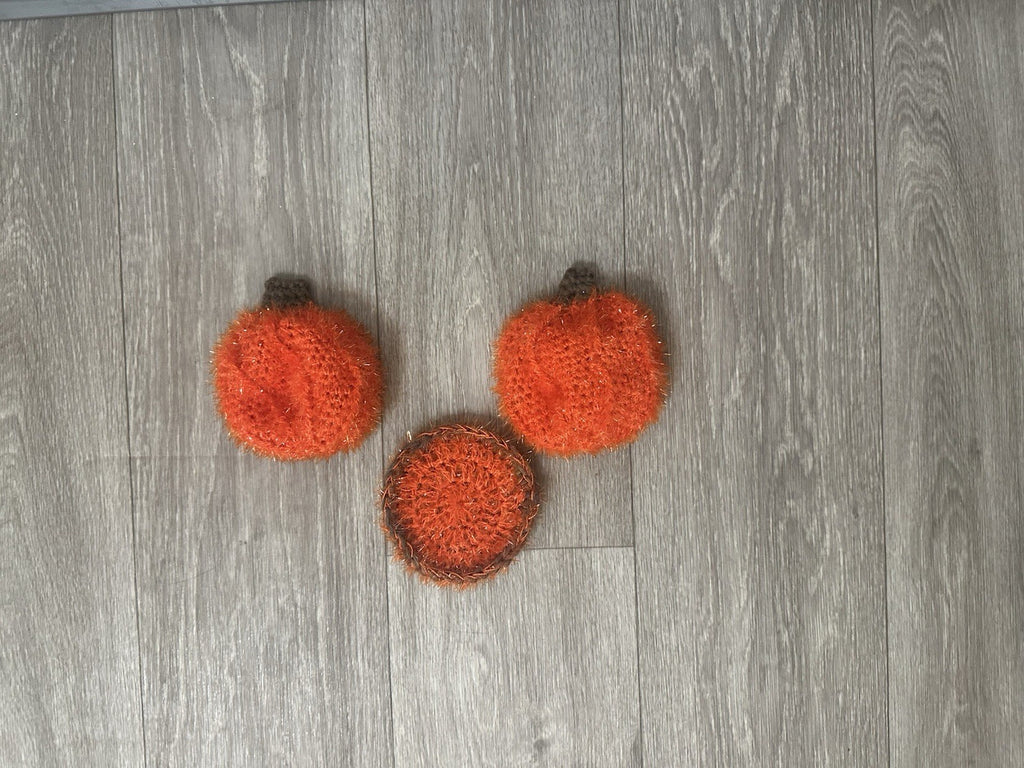 Handmade Crocheted Pumpkin Scrubber Set | 2 Pumpkin & 1 Dual-Sided Round Scrubby
