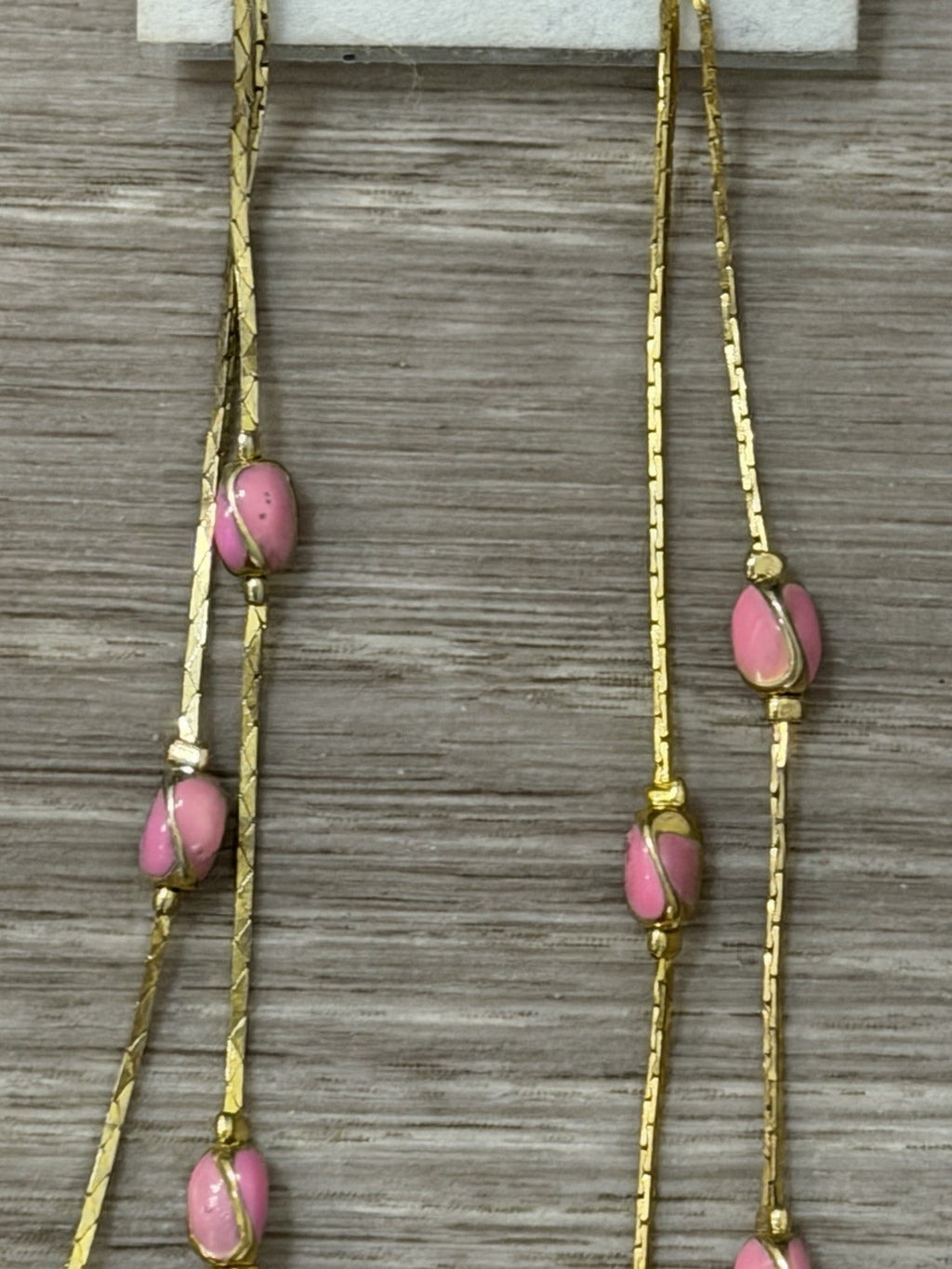Beaded Drop Dangle Earrings Pink Gold Tone Metal Accent Chains Vintage Fashion