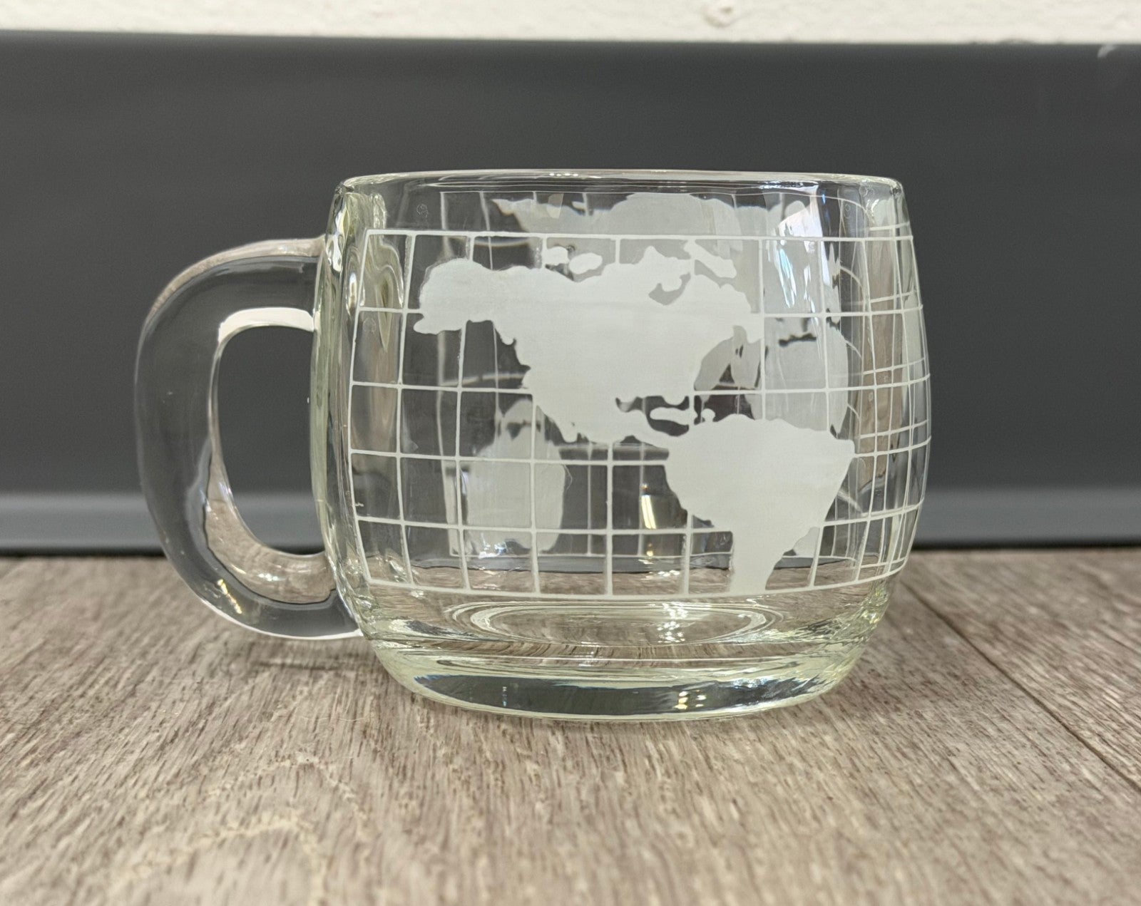 Vintage Nestle Co. Etched Clear Glass World Map Coffee Mug 3"