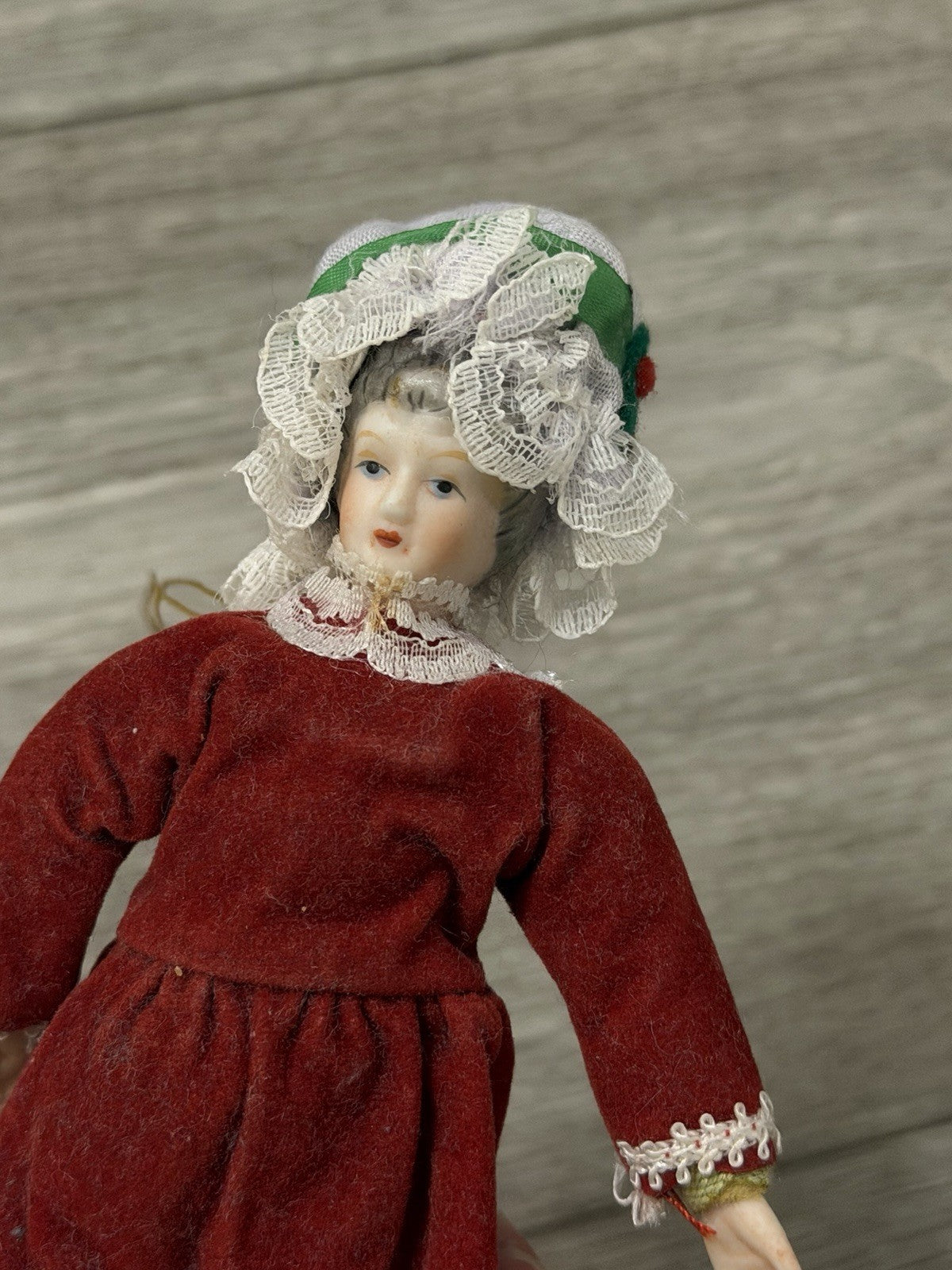 VTG Victorian Style Porcelain Woman Doll Red Velvet Dress/Holly Bonnet Ornament