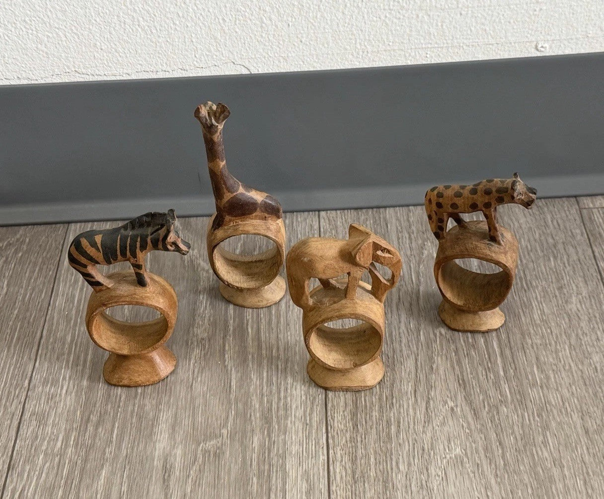 Vintage set of 4 Hand Carved Wooden African Safari Animal Napkin Ring Holders