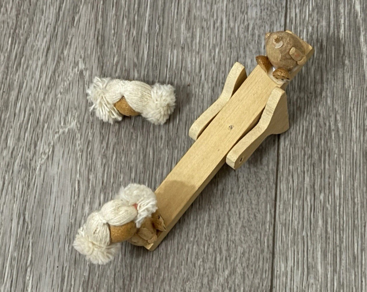 Vintage Wooden See-Saw Christmas Ornament Miniature Wooden Dolls Broken