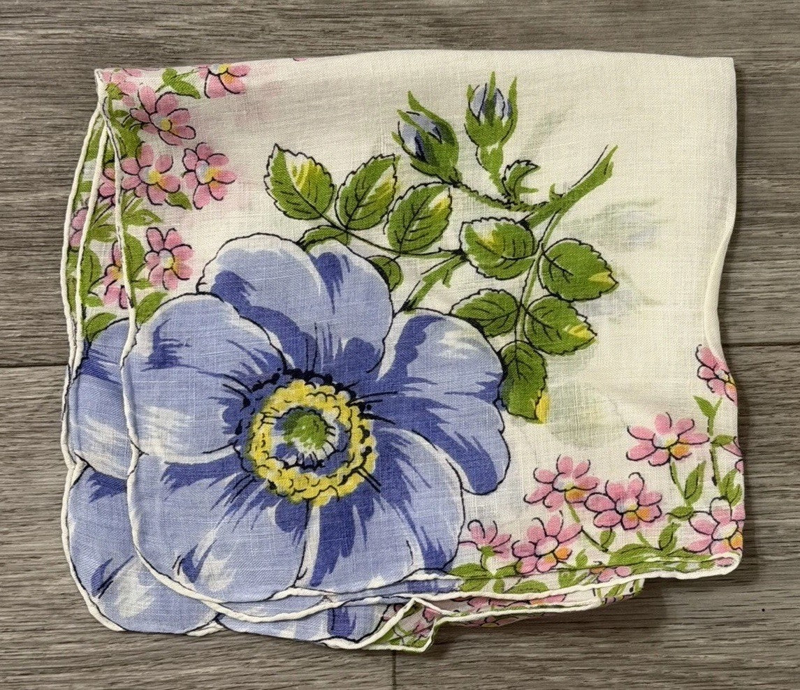 Vintage Blue Flowers W/ Little Pink Flowers Floral Wedding Handkerchief 12” Sq.