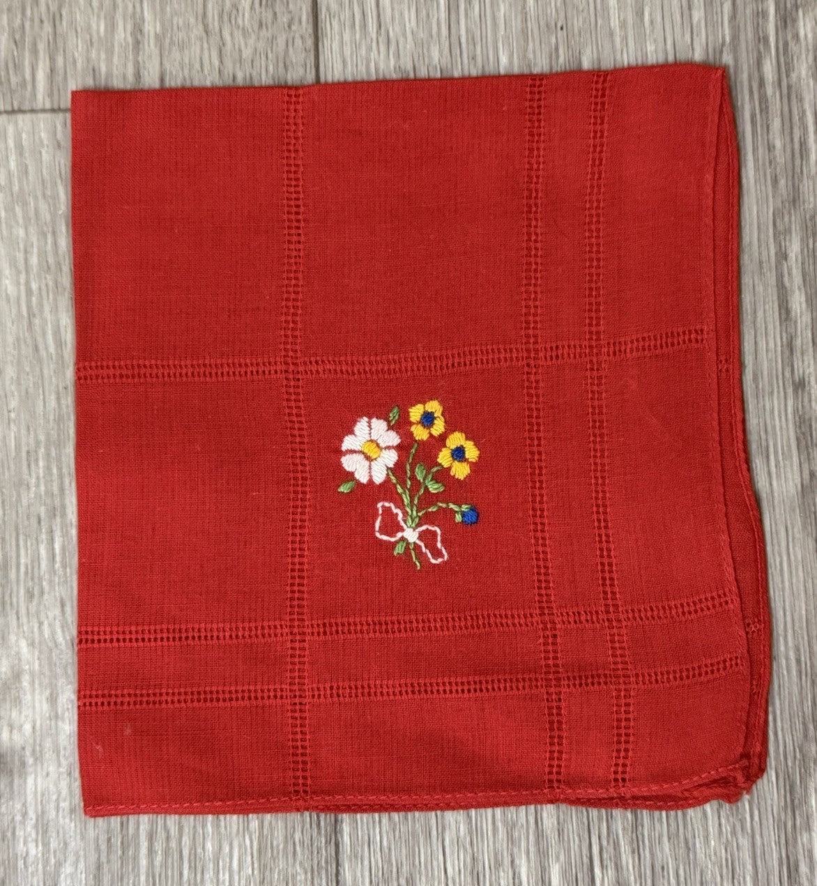 Vintage Bright Red Handkerchief Hanky With Embroidered Flowers Floral For Women